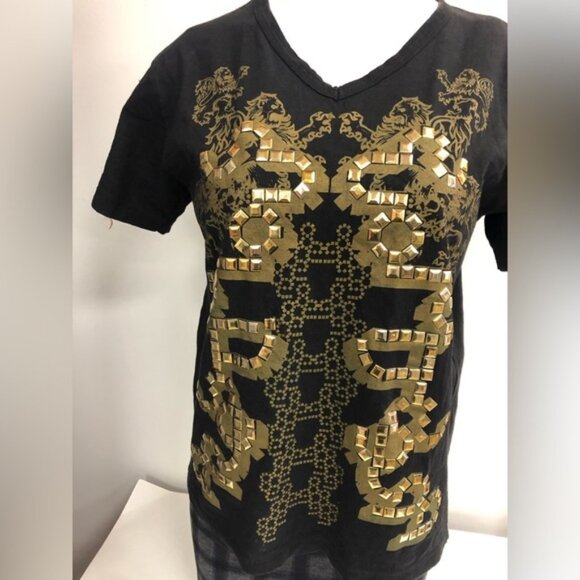 REDBRIDGE STUDDED V NECK DRAGON T SHIRT IN BLACK AND GOLD IN SIZE M - Picture 5 of 6